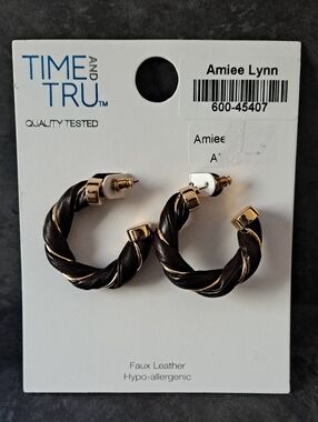 Time and Tru Dark Brown Faux Leather Twisted Hoop Earrings with Gold Accents